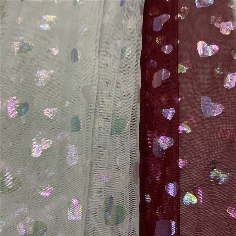 Design Custom-made Polyester Luxury Shiny Wholesale Net Mesh 3D Heart Foil Mesh Fabric