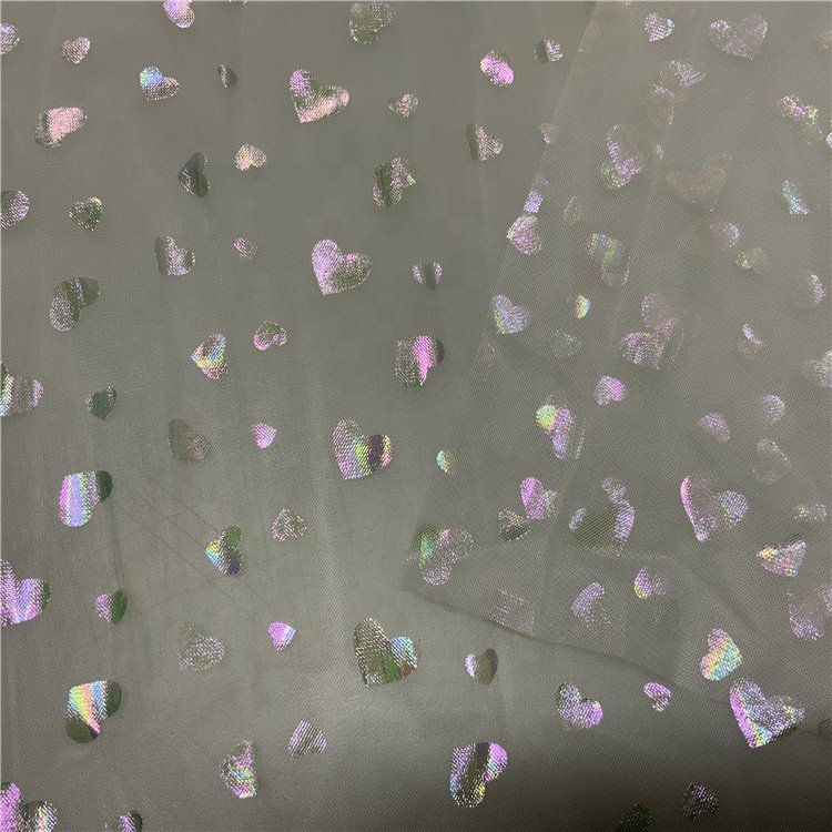 Design Custom-made Polyester Luxury Shiny Wholesale Net Mesh 3D Heart Foil Mesh Fabric