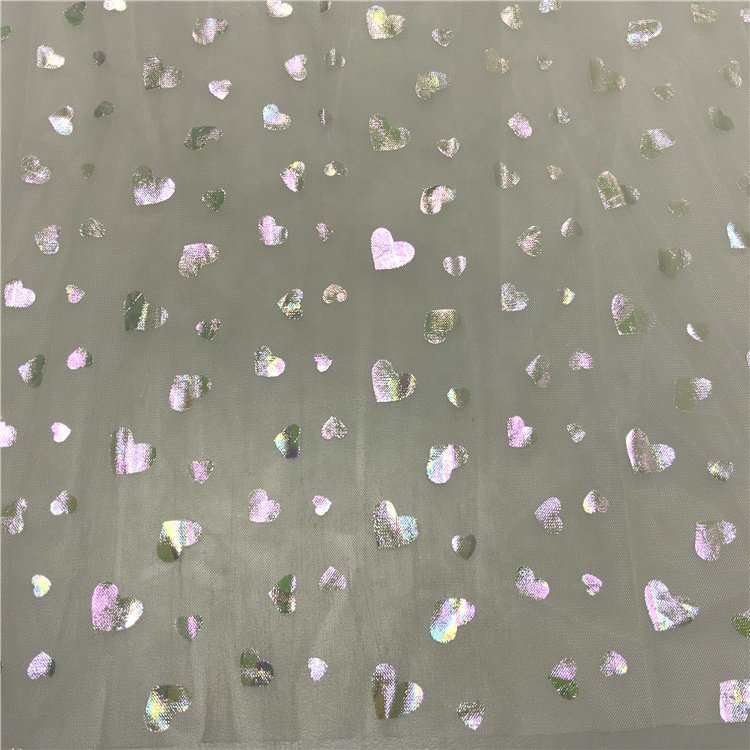 Design Custom-made Polyester Luxury Shiny Wholesale Net Mesh 3D Heart Foil Mesh Fabric