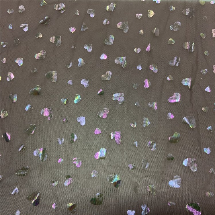 Design Custom-made Polyester Luxury Shiny Wholesale Net Mesh 3D Heart Foil Mesh Fabric