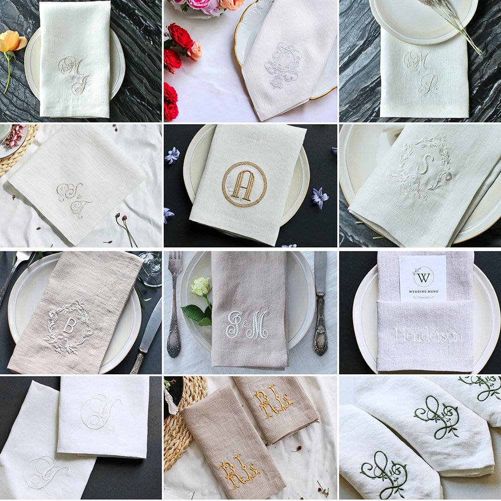 Hot Selling Embroidered Linen wedding napkin monogram for hotel Organic flax fabric table linen placemats wholesale OEKO-TEX