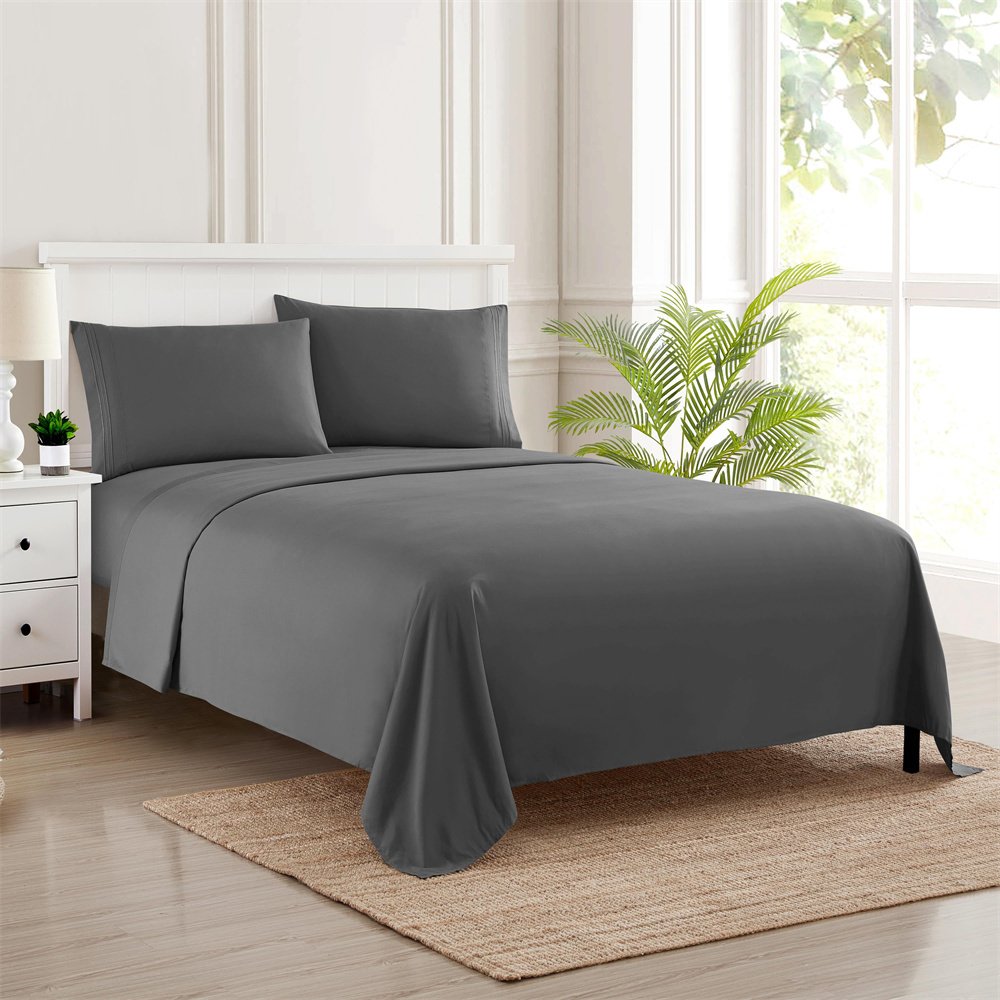 4pcs Solid Bedding Set Comfy Breathable Fitted sheet & Bed Sheet & Pillowcases Soft Luxury Queen Size White Gray for Home Hotel