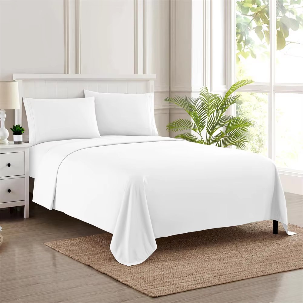 4pcs Solid Bedding Set Comfy Breathable Fitted sheet & Bed Sheet & Pillowcases Soft Luxury Queen Size White Gray for Home Hotel