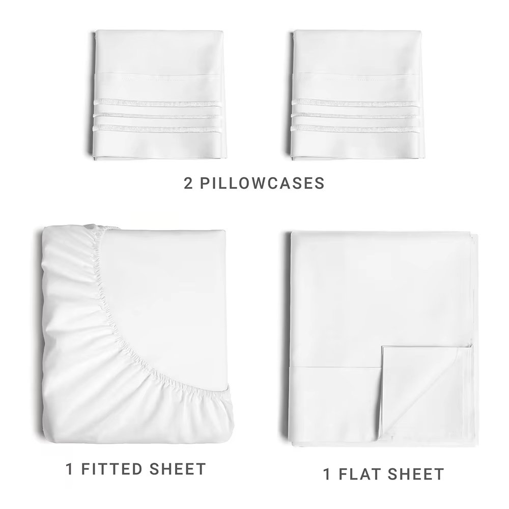4pcs Solid Bedding Set Comfy Breathable Fitted sheet & Bed Sheet & Pillowcases Soft Luxury Queen Size White Gray for Home Hotel