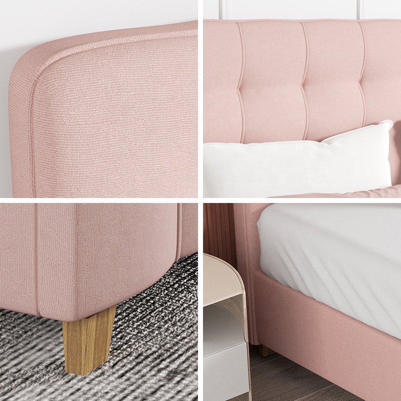 King Size Pink Upholstered Bed Diamond Tufted Headboard Kids Children Girls Bedroom Furniture Bedding Sets With Platform Fram