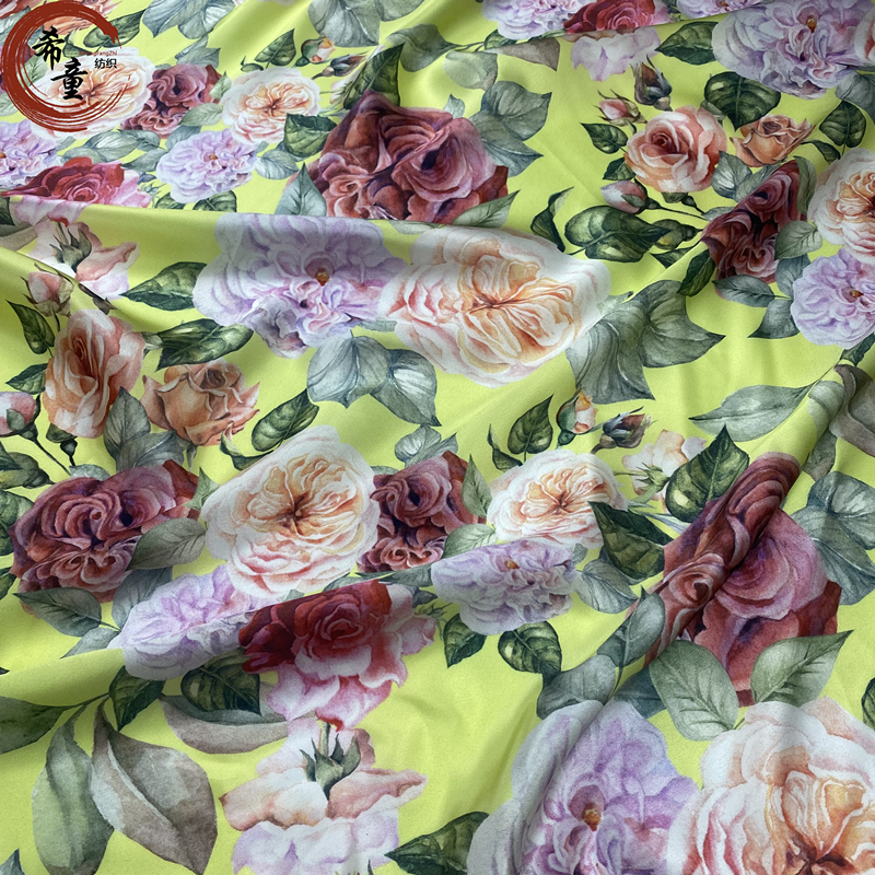 100% POLYESTER CUSTOM DIGITAL PRINT FLORALS DESIGN SATIN FABRIC FOR WOMEN DRESS AND PAJAMAS