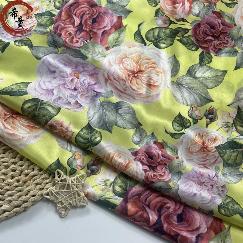100% POLYESTER CUSTOM DIGITAL PRINT FLORALS DESIGN SATIN FABRIC FOR WOMEN DRESS AND PAJAMAS