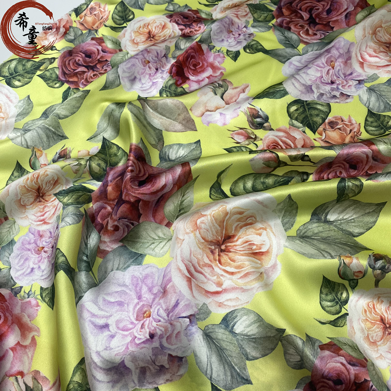 100% POLYESTER CUSTOM DIGITAL PRINT FLORALS DESIGN SATIN FABRIC FOR WOMEN DRESS AND PAJAMAS