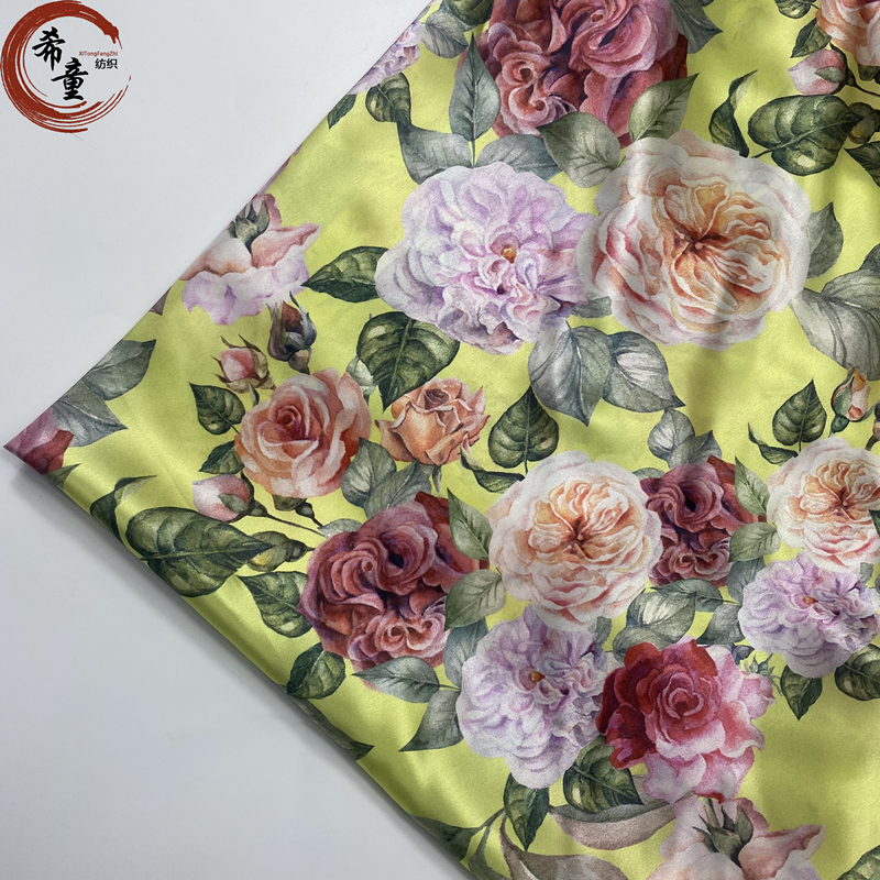 100% POLYESTER CUSTOM DIGITAL PRINT FLORALS DESIGN SATIN FABRIC FOR WOMEN DRESS AND PAJAMAS