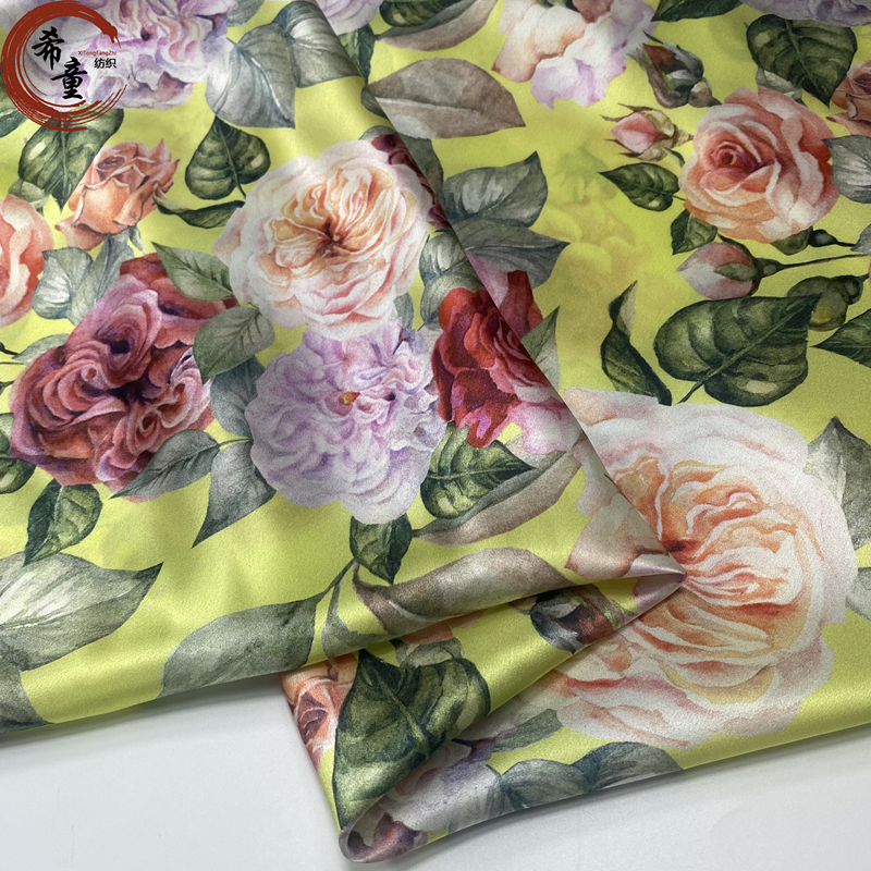 100% POLYESTER CUSTOM DIGITAL PRINT FLORALS DESIGN SATIN FABRIC FOR WOMEN DRESS AND PAJAMAS