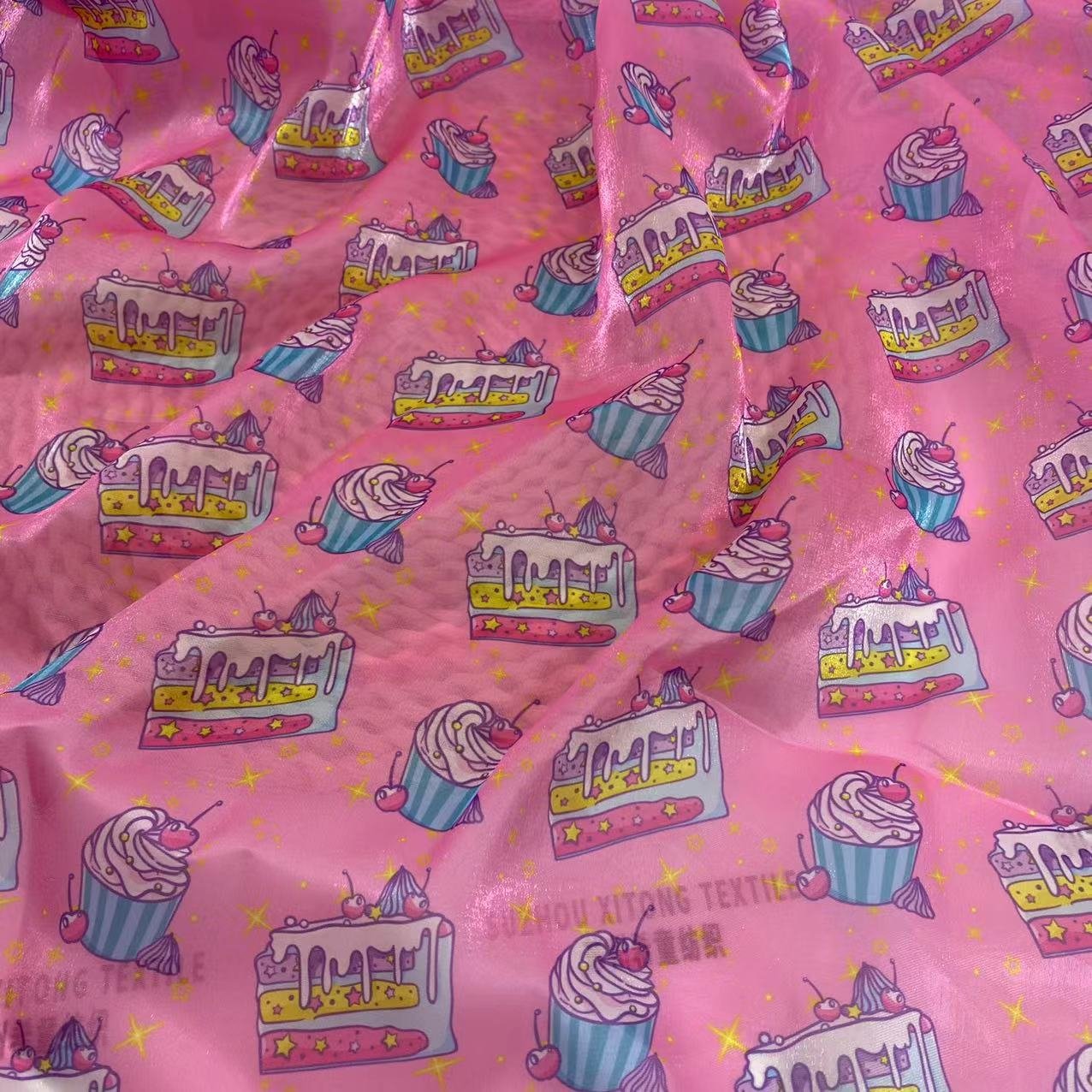 New arrival stock polyester soft and shiny pink high quality digital printing ice-cream design liquid organza fabric for kids