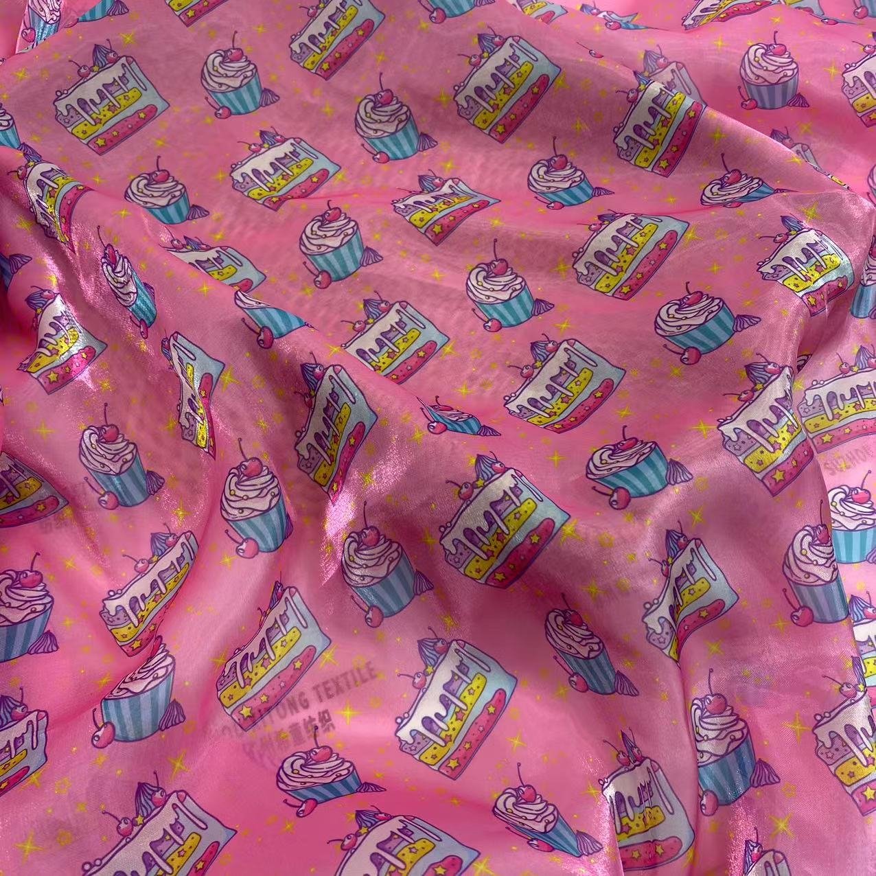 New arrival stock polyester soft and shiny pink high quality digital printing ice-cream design liquid organza fabric for kids