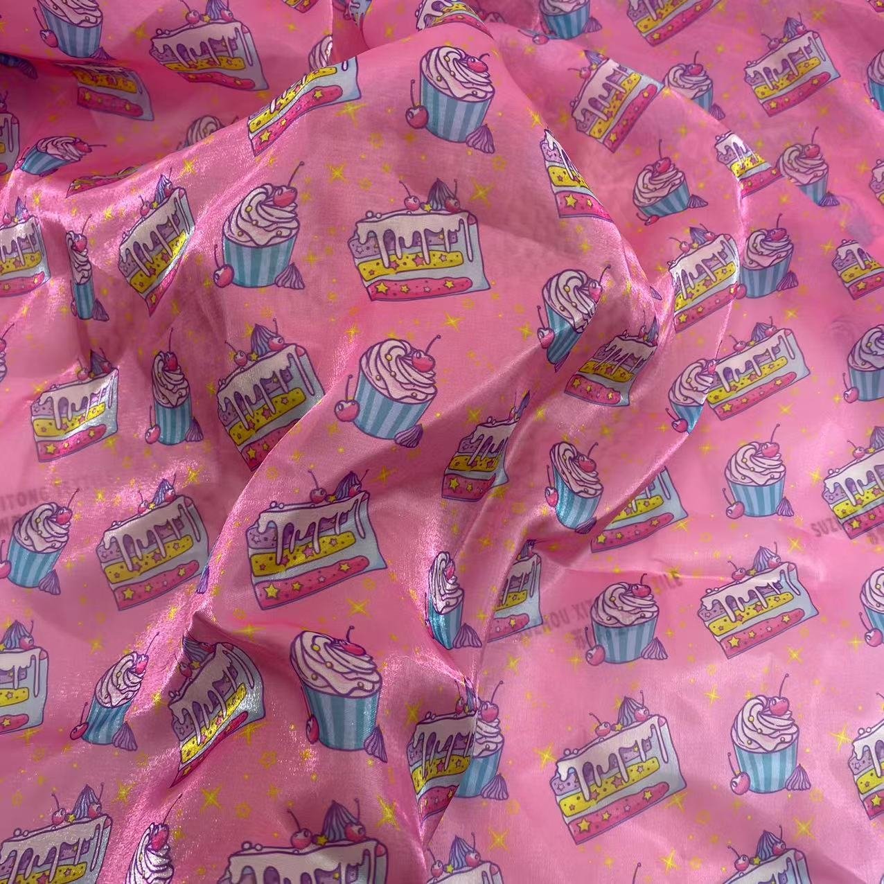 New arrival stock polyester soft and shiny pink high quality digital printing ice-cream design liquid organza fabric for kids