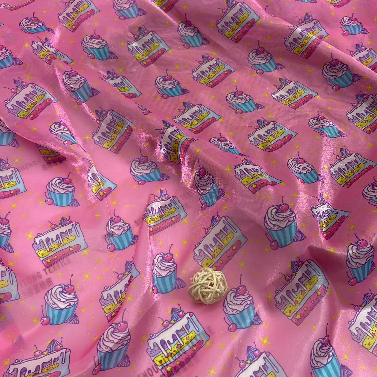 New arrival stock polyester soft and shiny pink high quality digital printing ice-cream design liquid organza fabric for kids