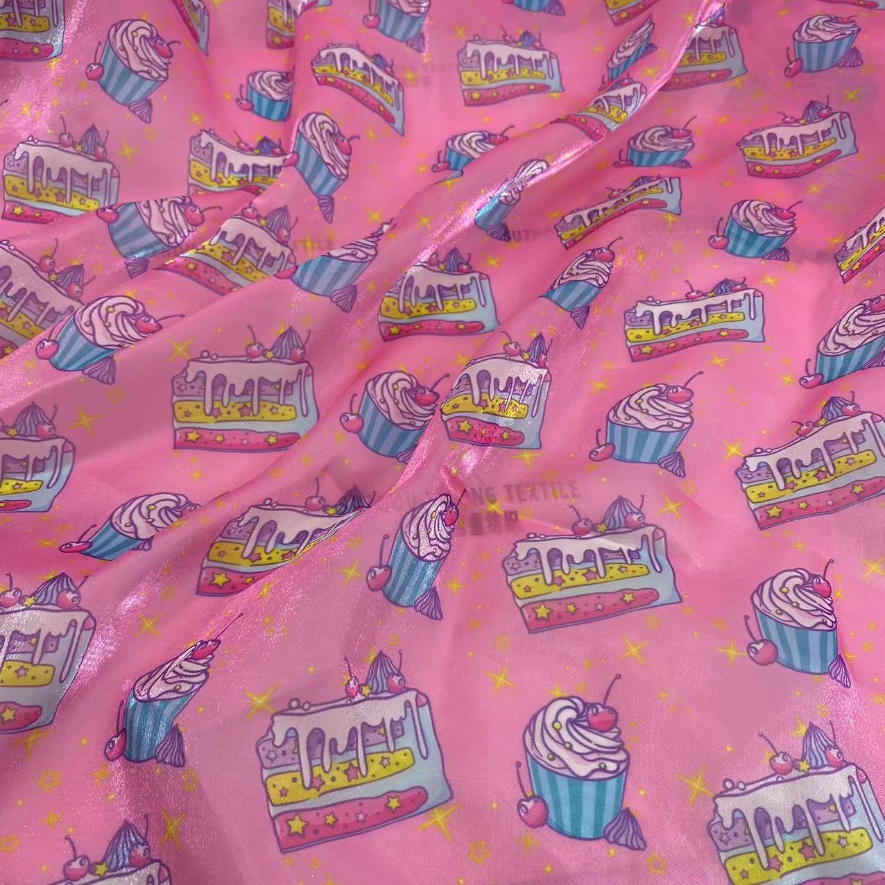 New arrival stock polyester soft and shiny pink high quality digital printing ice-cream design liquid organza fabric for kids