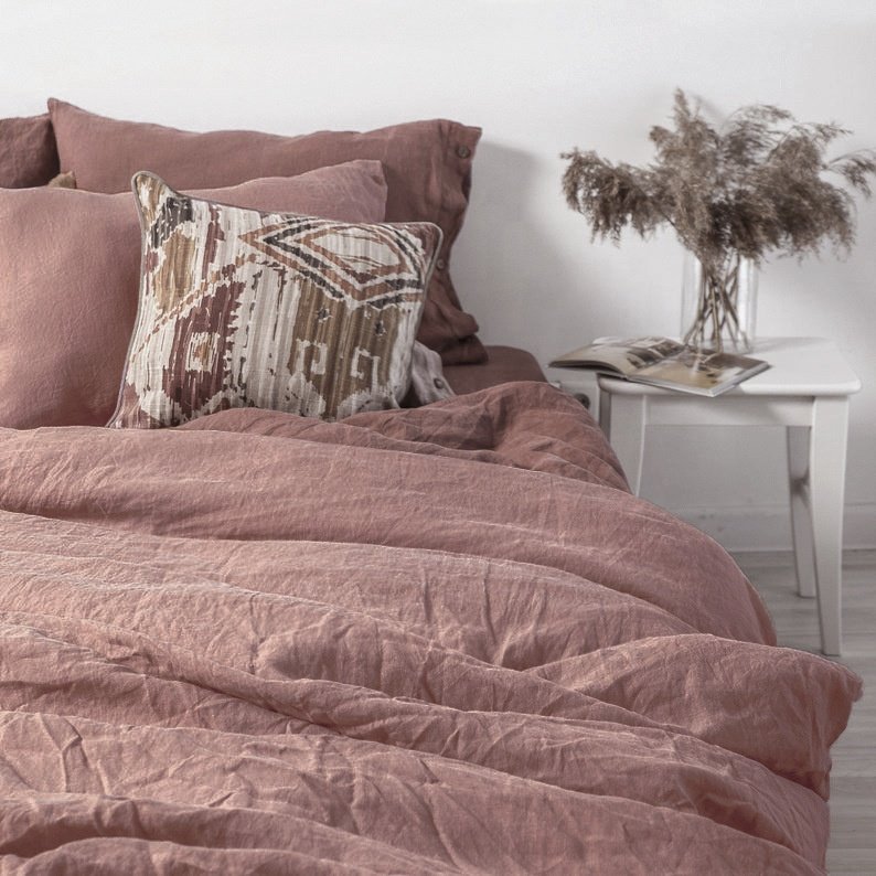 Colorful hotel bed 100% French linen fabric luxury quality duvet cover fitted bedsheet bedding sets
