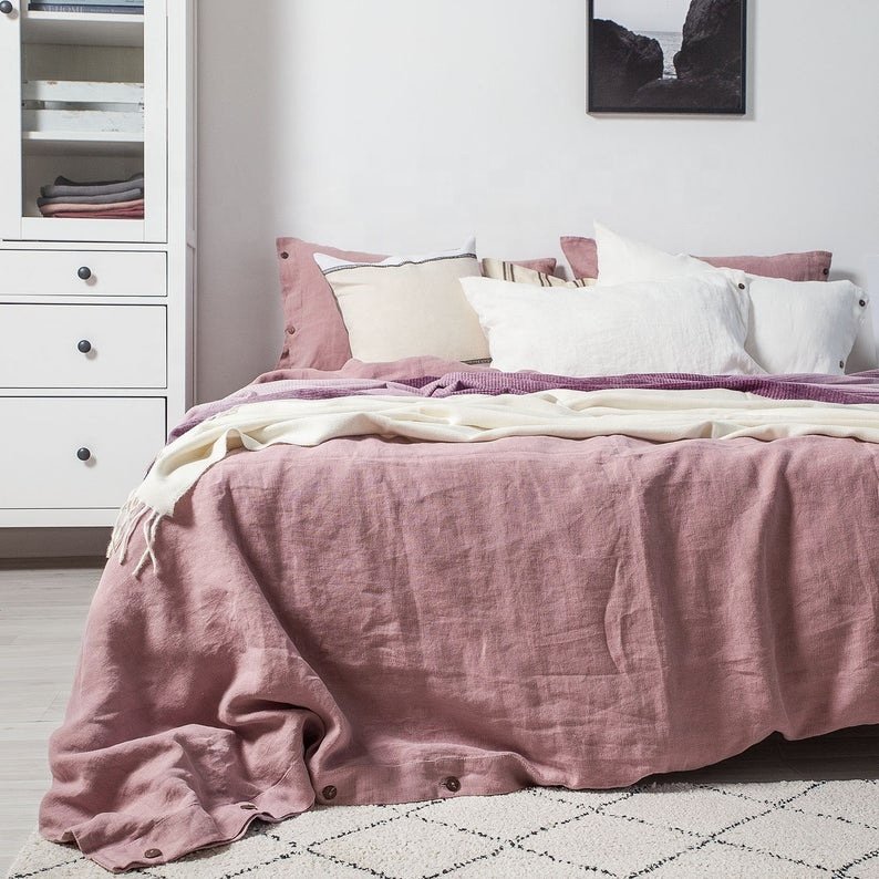 Colorful hotel bed 100% French linen fabric luxury quality duvet cover fitted bedsheet bedding sets