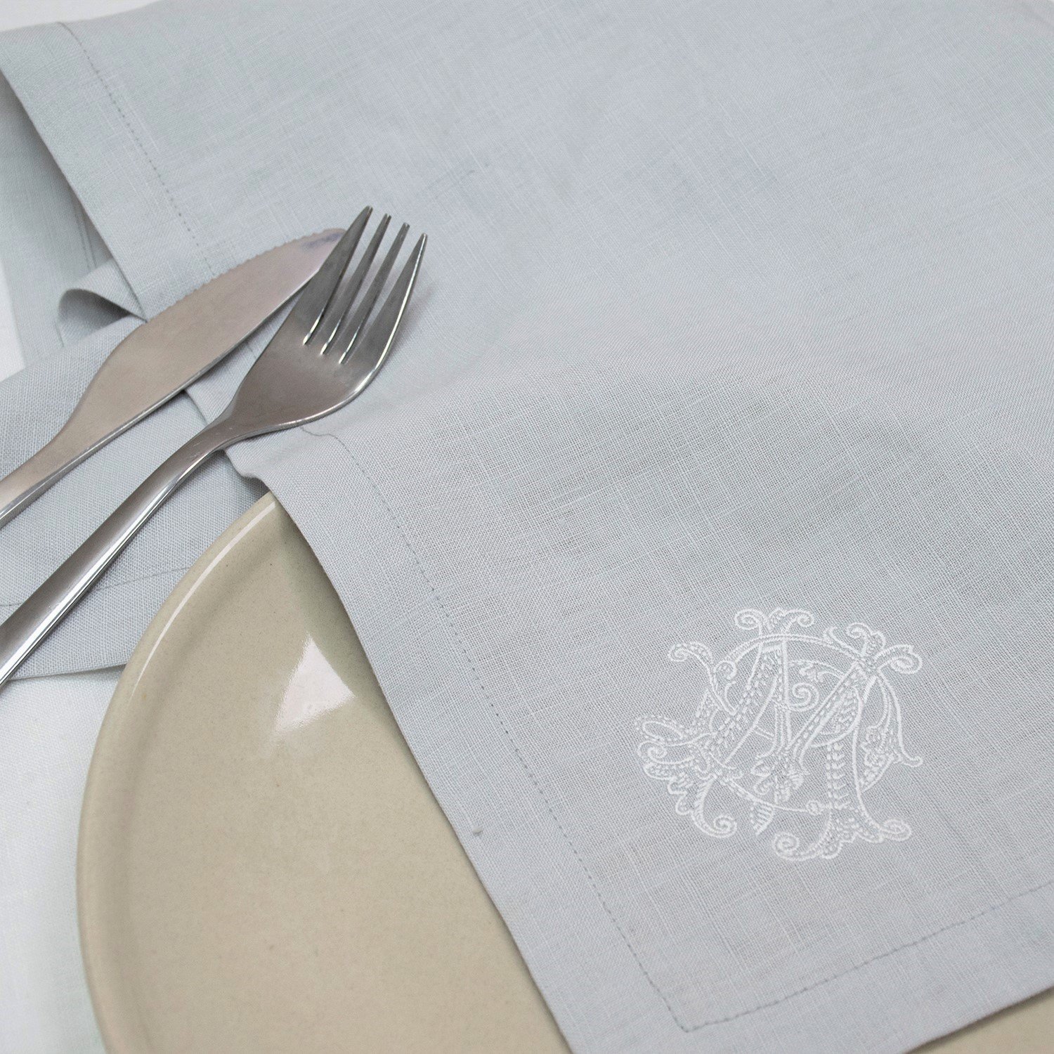 luxury wedding custom party ivory gray color 100% european pure linen table napkin with embroidered