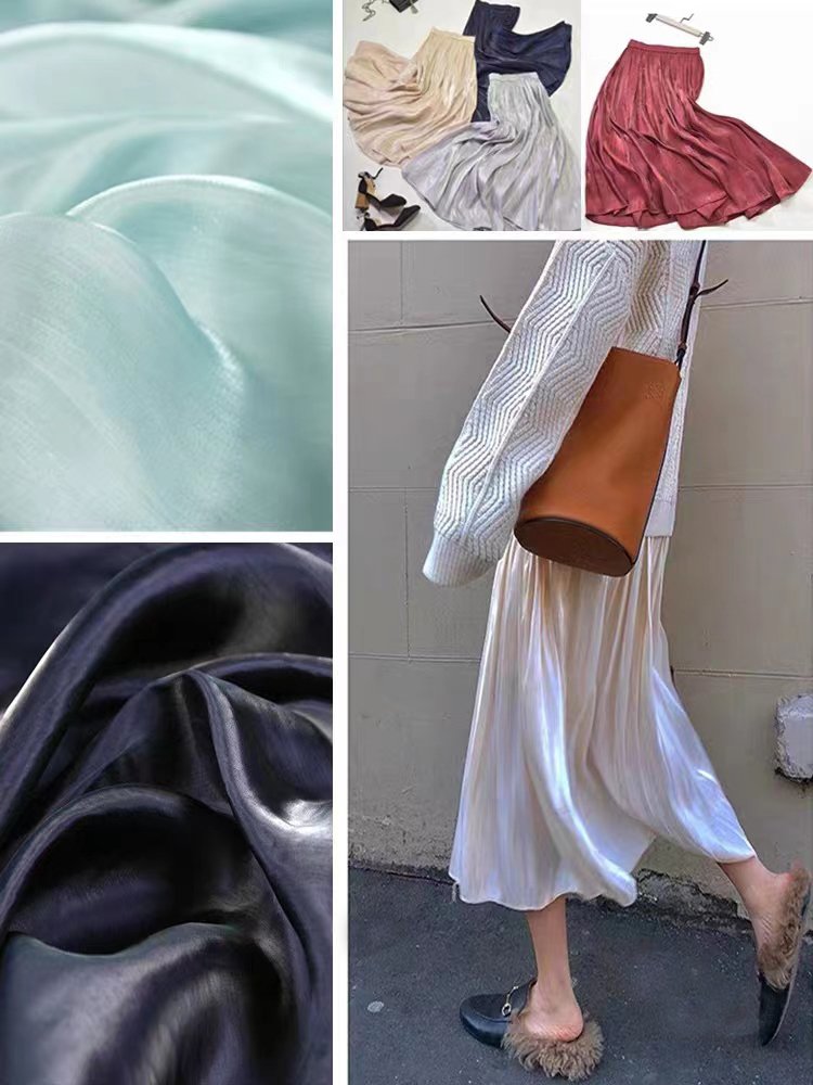 Hot sale wholesale satin shinny liquid soft silky polyester crystal Organza Fabric for blouses/dress