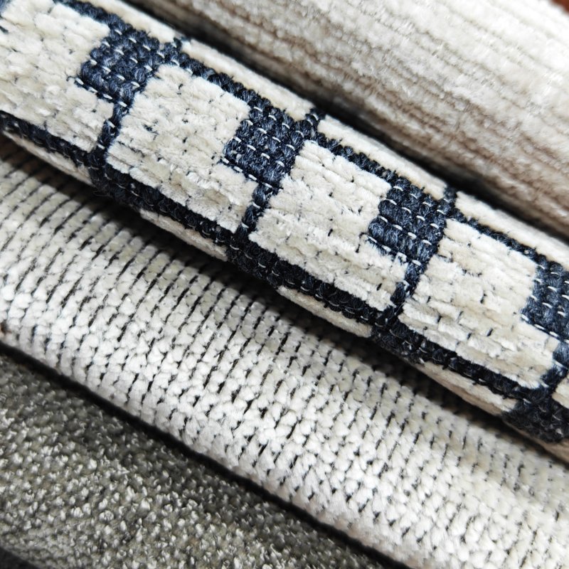 Luxury 340gsm Black Boucle Cotton Gingham Linen Blend Waterproof Chenille Rolls Sofa Upholstery Fabric Dobby Knitted Technique