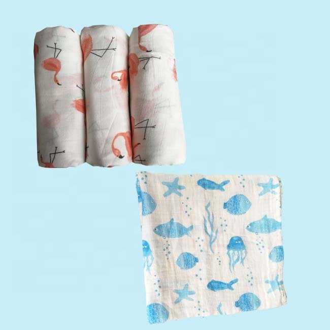 wholesale new design gauze print Organic Muslin Swaddle Bamboo Cotton Fabric Blanket Muslim Baby Blankets