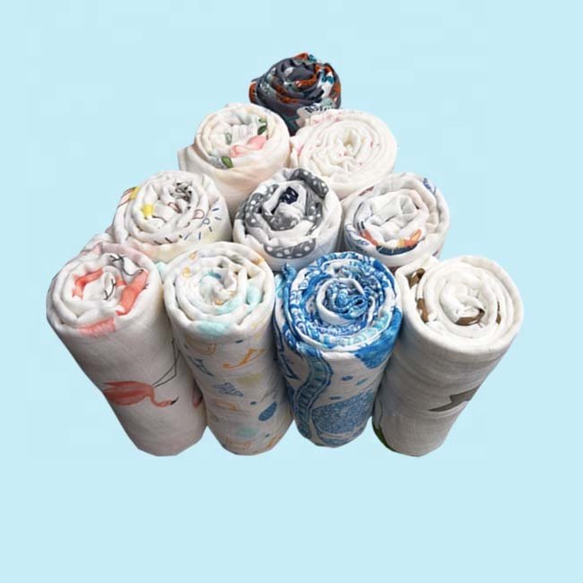 wholesale new design gauze print Organic Muslin Swaddle Bamboo Cotton Fabric Blanket Muslim Baby Blankets