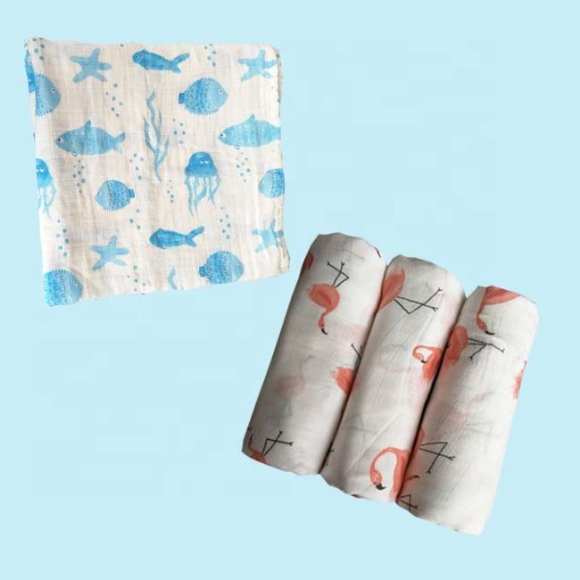 wholesale new design gauze print Organic Muslin Swaddle Bamboo Cotton Fabric Blanket Muslim Baby Blankets