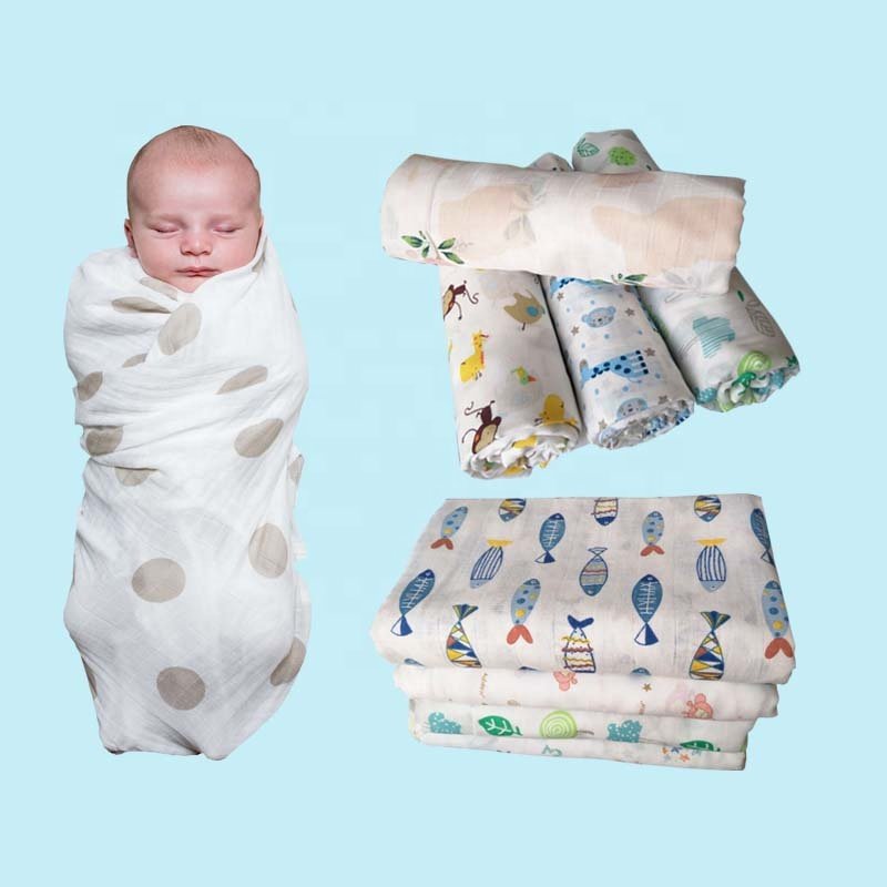 wholesale new design gauze print Organic Muslin Swaddle Bamboo Cotton Fabric Blanket Muslim Baby Blankets