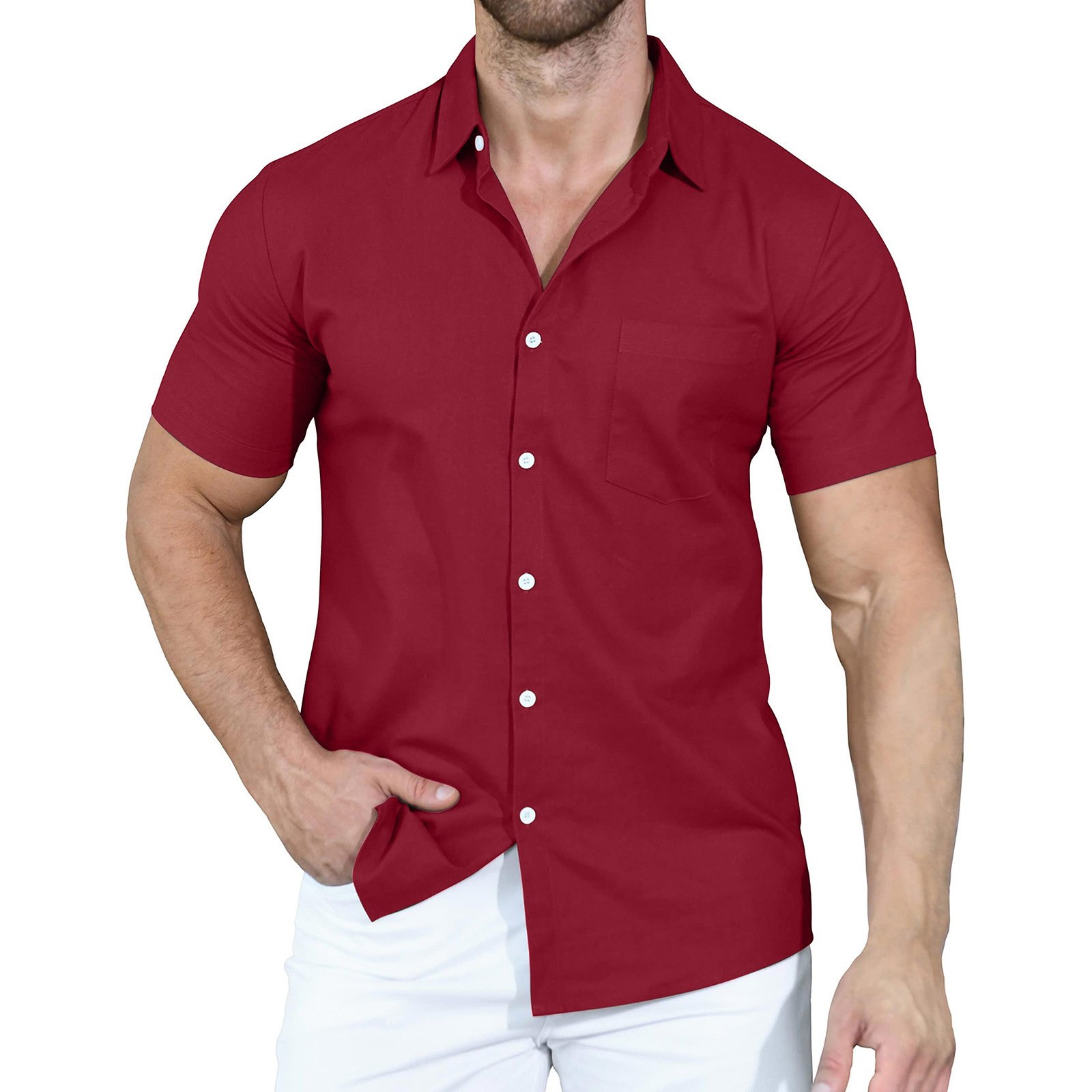 2024 New Fashion Men's Linen Style Short Sleeve Solid Shirts Casual & Formal Fit Quick Dry & Breathable Supply Top Tee Shirt