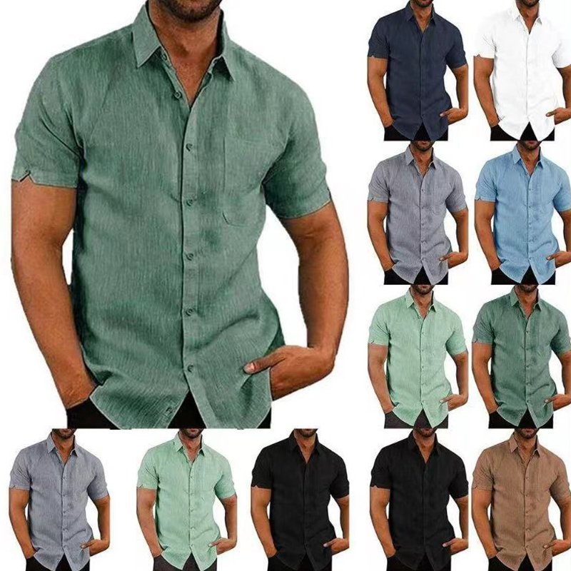 2024 New Fashion Men's Linen Style Short Sleeve Solid Shirts Casual & Formal Fit Quick Dry & Breathable Supply Top Tee Shirt