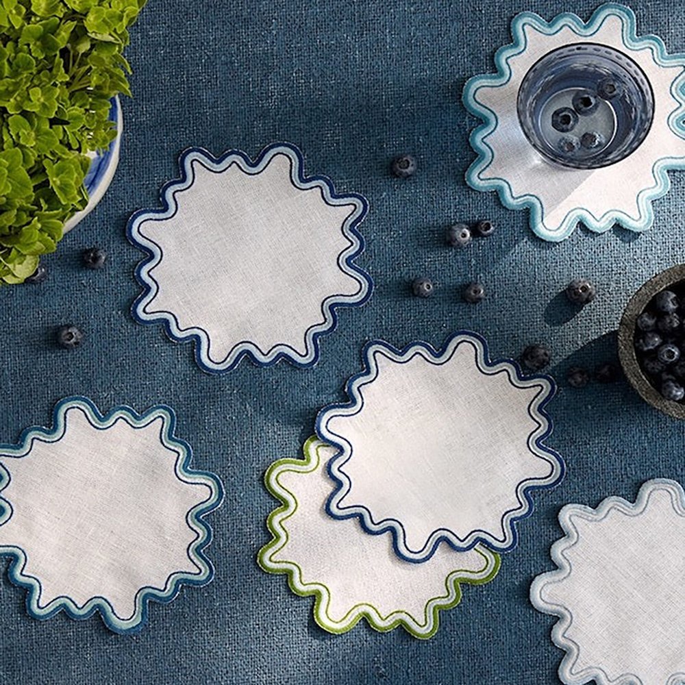Reusable Organic fabric Scalloped Border wave round hotel Cocktail mat linen Napkins pure flax Wholesale