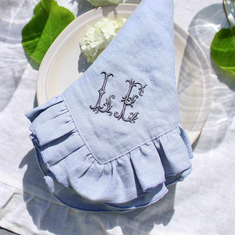 Ruffle edge Linen napkins Embroidered monogram flounced Cotton Linen napkin organic fabric cloth napkin placemats for wedding