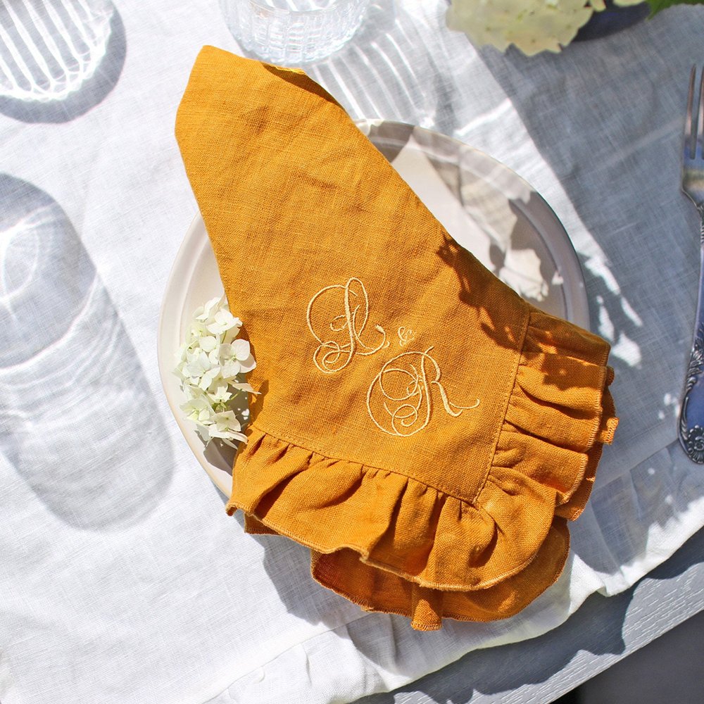 Ruffle edge Linen napkins Embroidered monogram flounced Cotton Linen napkin organic fabric cloth napkin placemats for wedding