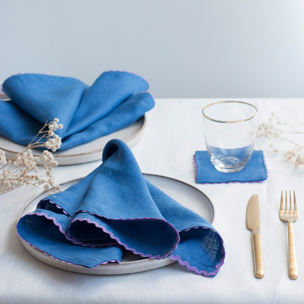 Scalloped trim Linen cloth Napkins French organic flax Linen custom label dining table placemat Linen cotton napkin for wedding