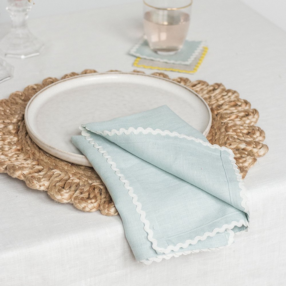 Scalloped trim Linen cloth Napkins French organic flax Linen custom label dining table placemat Linen cotton napkin for wedding