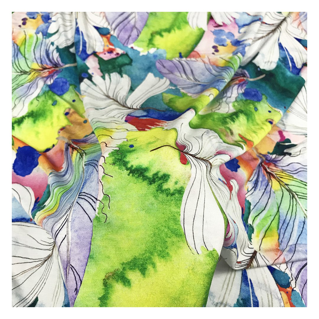 The factory outlet vibrant leaf design custom digital printed original bamboo fiber fabric for garment