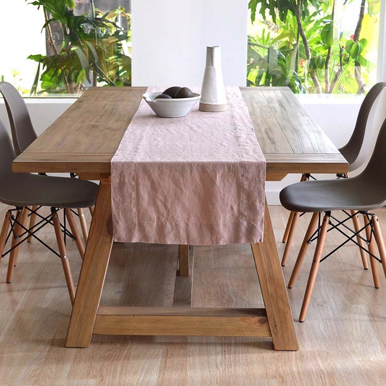 14 x 72 inch 100% french linen beige table runner with embroidery for wedding/ home