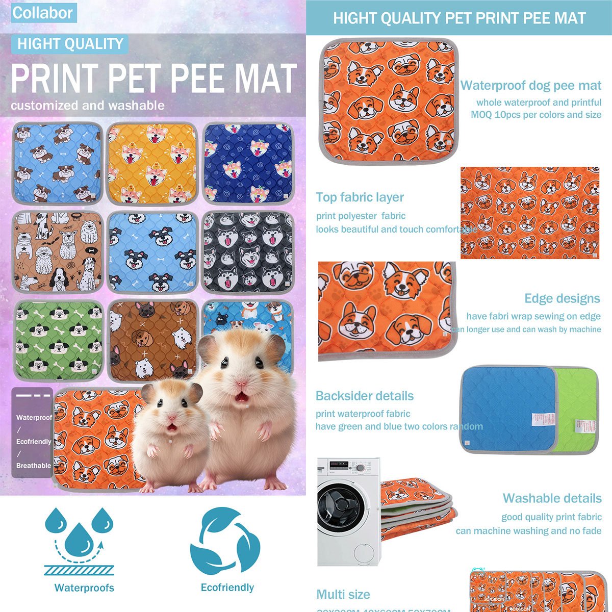 COLLABOR 10 Colors Washable Bamboo Pee Pads For Hamster Reusable Mesh Pee Pad 5 Layer Waterproof Oversized Pee Pads Leak-Proof
