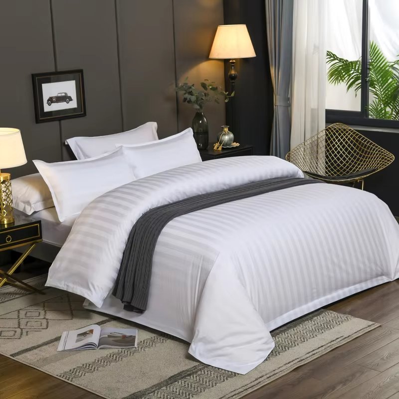 3Pcs Hotel Collection Vertical stripes White Duvet Cover+2pcs Pillowcases Premium 600TC Cotton Bedding set Twin Full Queen King