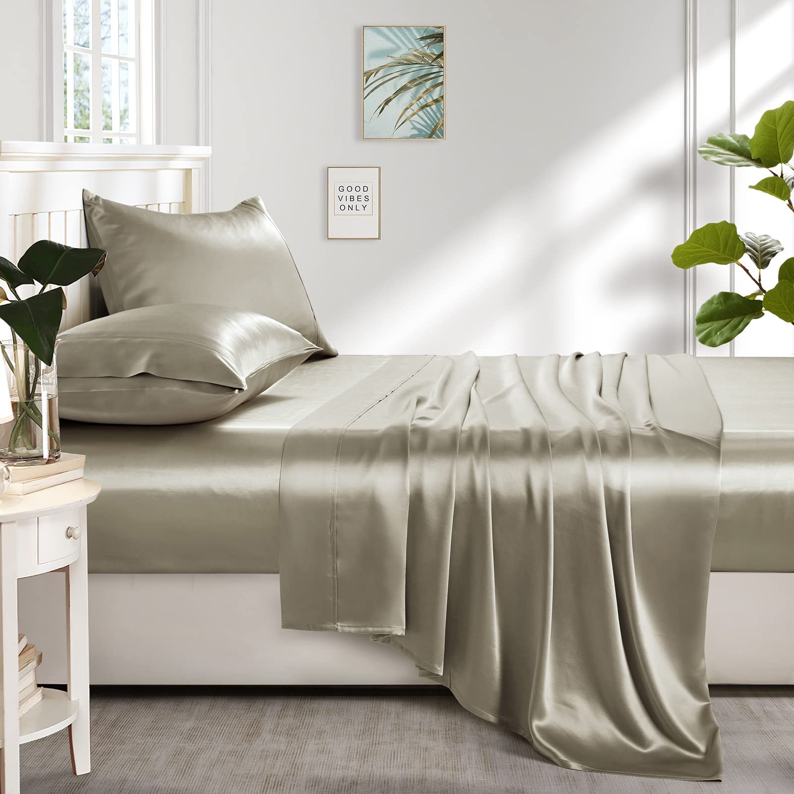 Silk Satin Sheets, 4-Piece King Size Satin Bed Sheet Set with Deep Pockets, Cooling Soft and Hypoallergenic Satin