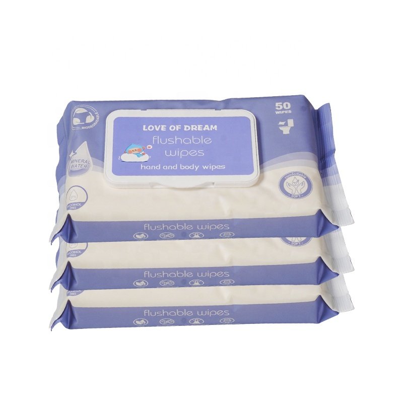 WW5550 Custom Logo 55g 50Pcs Biodegradable Non Woven Single Pack Hand And Body Flushable Wet Wipes For Baby Adults