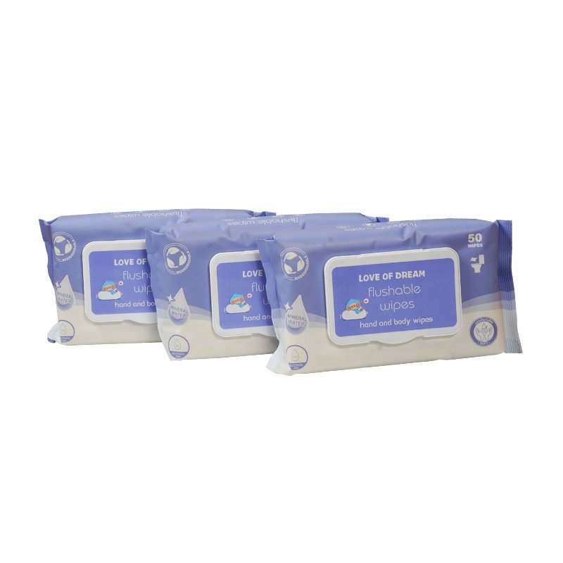 WW5550 Custom Logo 55g 50Pcs Biodegradable Non Woven Single Pack Hand And Body Flushable Wet Wipes For Baby Adults