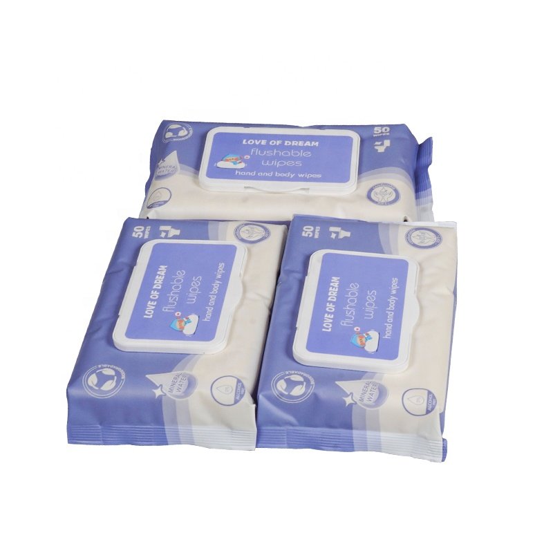 WW5550 Custom Logo 55g 50Pcs Biodegradable Non Woven Single Pack Hand And Body Flushable Wet Wipes For Baby Adults