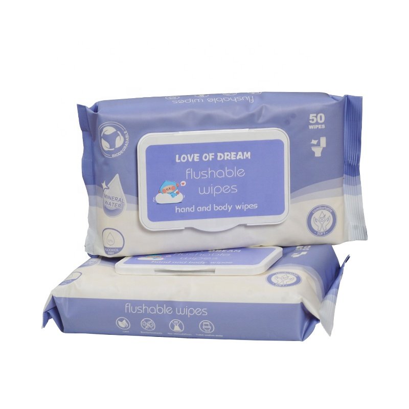 WW5550 Custom Logo 55g 50Pcs Biodegradable Non Woven Single Pack Hand And Body Flushable Wet Wipes For Baby Adults