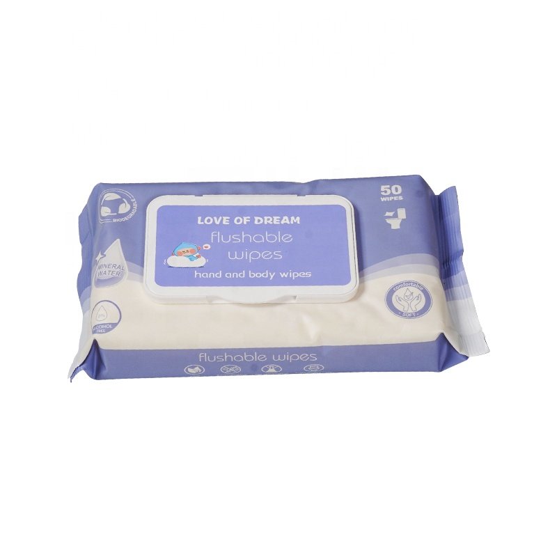 WW5550 Custom Logo 55g 50Pcs Biodegradable Non Woven Single Pack Hand And Body Flushable Wet Wipes For Baby Adults