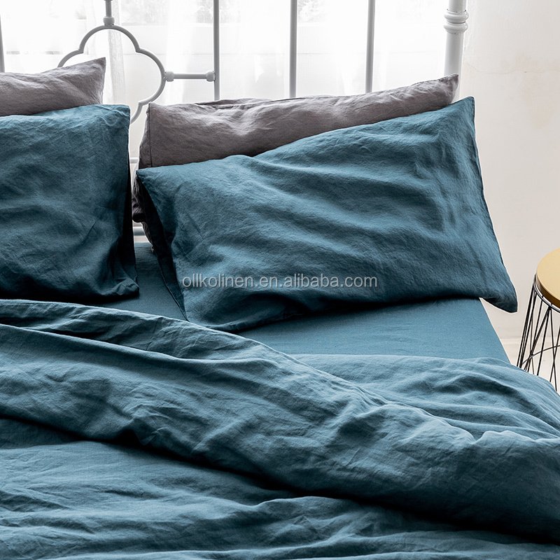 King size stone washed Linen bedding 100% pure plain home linen fabric comforter bed set flat sheets duvet cover for gift