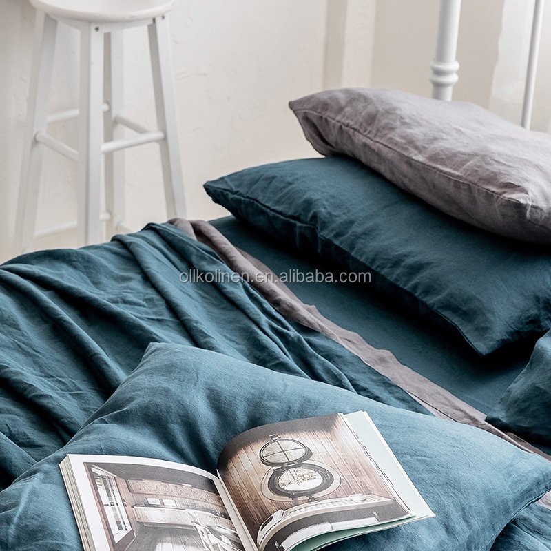 King size stone washed Linen bedding 100% pure plain home linen fabric comforter bed set flat sheets duvet cover for gift