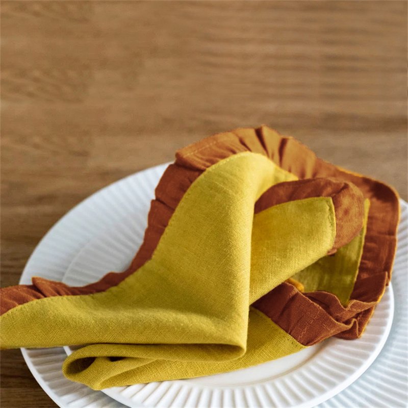 New Product standard size Matching color christmas 100% ruffled linen flax napkin set folds with trimming