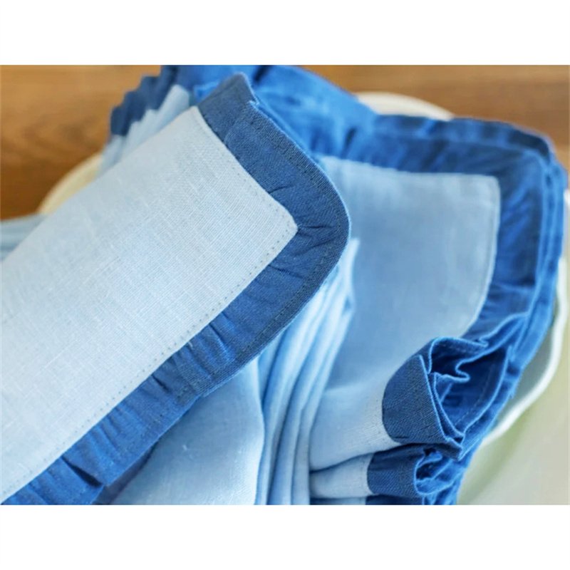 New Product standard size Matching color christmas 100% ruffled linen flax napkin set folds with trimming