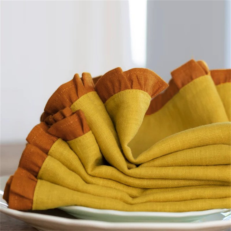 New Product standard size Matching color christmas 100% ruffled linen flax napkin set folds with trimming